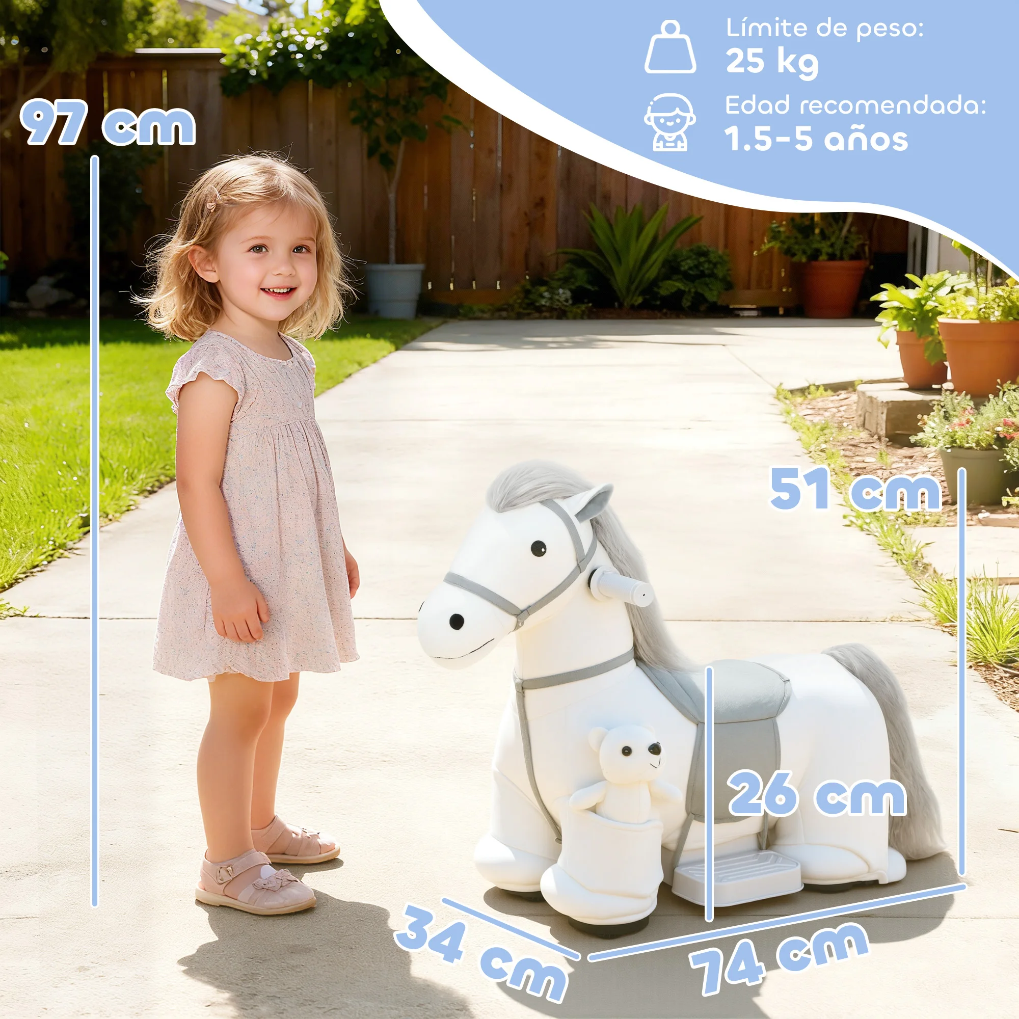 AIYAPLAY Caballito Eléctrico con Música, Batería 6V, Caballo de Juguete Eléctrico, Tacto Suave, Ruedas Silenciosas de PU, Marcha Adelante, Regalo para Niños y Niñas de 1,5 a 5 Años, Blanco - imagen 3