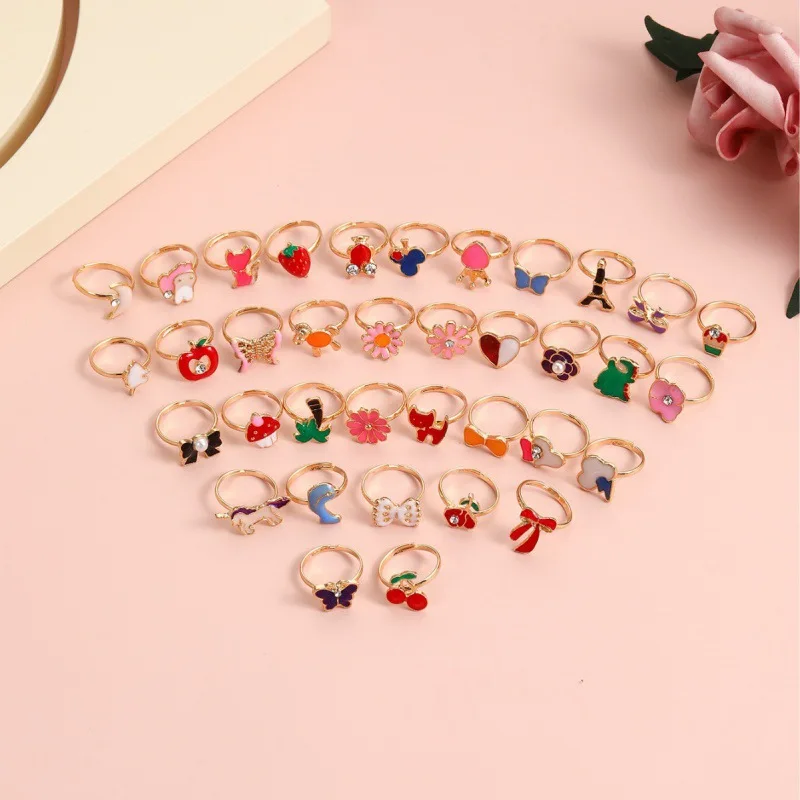 12/36 unids/set anillos ajustables para niños joyería de dibujos animados cristal Animal aleación anillo abierto para dedo para niños niñas regalo de fiesta de cumpleaños - imagen 3