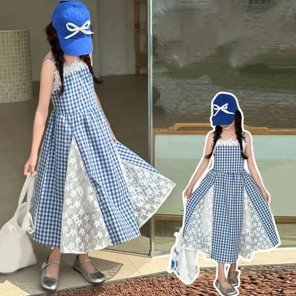 Vestido elegante a cuadros de princesa para niña, vestido de malla de encaje con tirantes para adolescentes, falda holgada sin mangas para niños, vestidos de verano