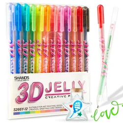 Juego de bolígrafos de gelatina 3D, bolígrafos de gelatina brillantes 3D de 12 colores, bolígrafos de tinta de gel de colores surtidos para pintura DIY, dibujo, colorear, manualidades, álbumes de recortes