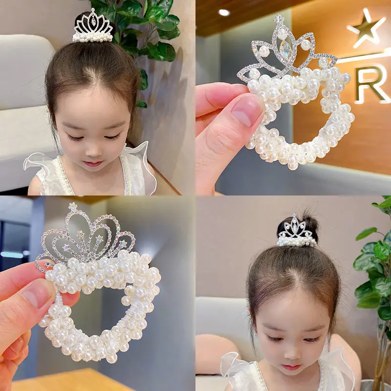 Nueva diadema de cristal para niños, tocado de princesa, horquilla de perlas, corona, lazo para el pelo de niña, banda de goma, accesorios para el cabello - imagen 3