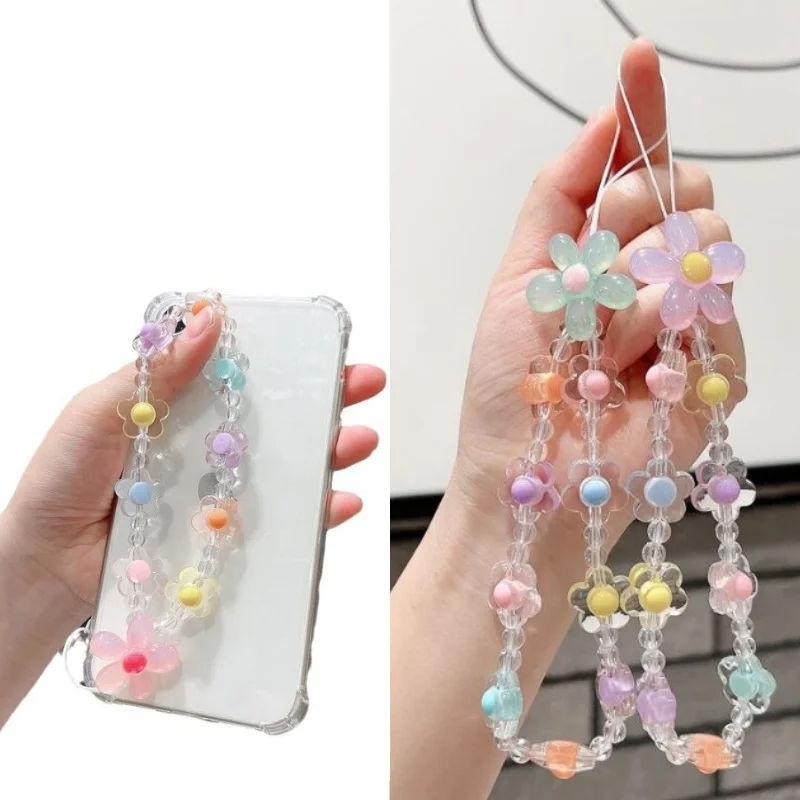 Cuentas acrílicas con forma de flor, correa para teléfono móvil, cadena para mujer y niña, accesorio de joyería para teléfono móvil, decoración de cordón para teléfono