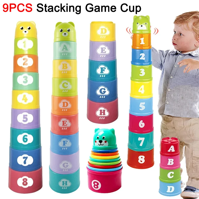Juego de apilamiento educativo con tazas, números, letras y formas