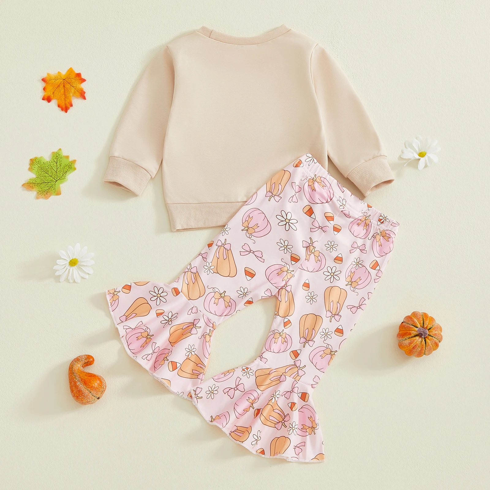 Conjunto de 2 piezas de trajes de Halloween para niña, Tops y pantalones con bordado de calabaza y lazo de manga larga, ropa para niños pequeños - imagen 2