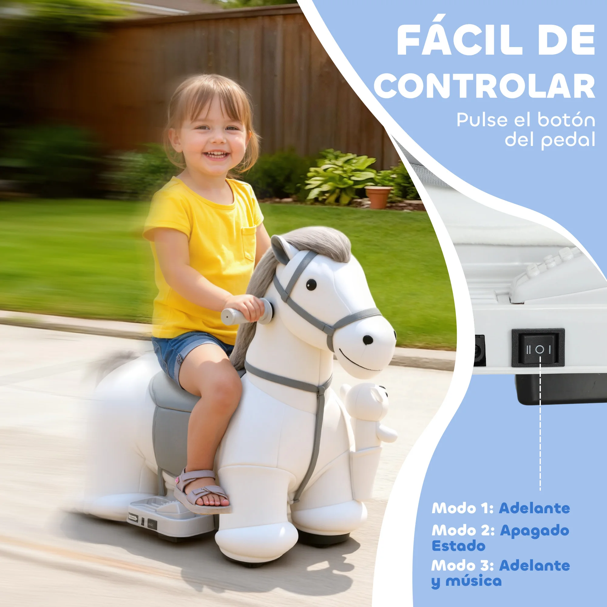AIYAPLAY Caballito Eléctrico con Música, Batería 6V, Caballo de Juguete Eléctrico, Tacto Suave, Ruedas Silenciosas de PU, Marcha Adelante, Regalo para Niños y Niñas de 1,5 a 5 Años, Blanco - imagen 5
