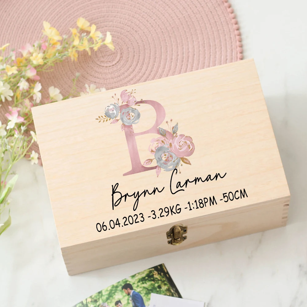 Caja de recuerdos de regalo personalizada para bebé, caja de memoria personalizada con estampado de letras y flores, caja de madera para regalo de ducha para recién nacido, caja de estadísticas de nacimiento para bebé - imagen 3