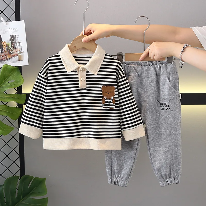 Nueva ropa de bebé de primavera y otoño, camiseta de manga larga a rayas para niños, pantalones, 2 unids/set, trajes informales para niños, chándales para niños