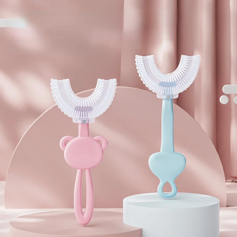 1 cepillo de dientes en forma de U para niños de 2 a 12 años, cepillo de dientes de cerdas suaves de silicona para niños, artefacto, cepillo de limpieza Dental de animales de dibujos animados - imagen 3