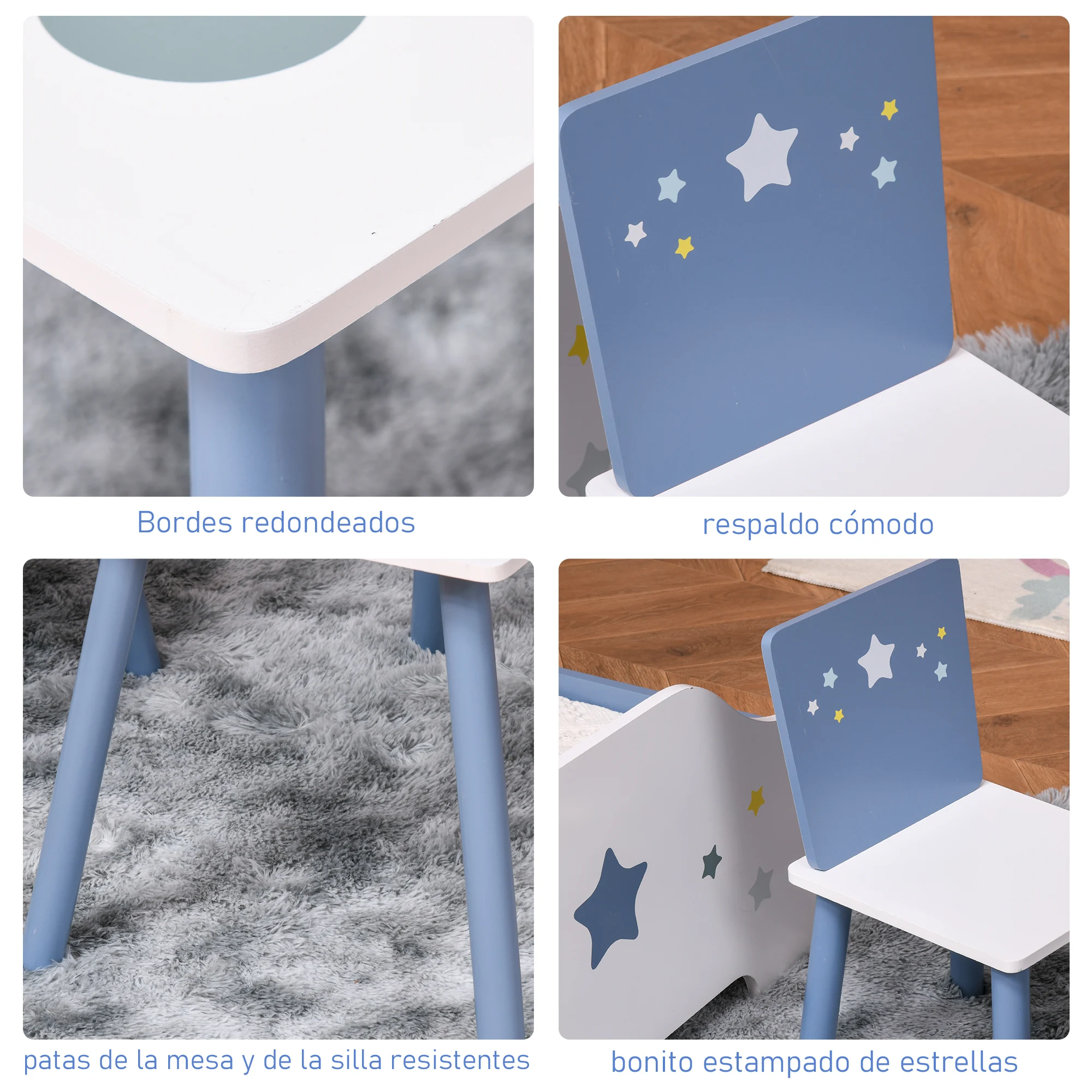 HOMCOM Juego de Mesa Infantil y 2 Sillas de Madera Mesa con Sillas para Niños de 2-4 Años Mesa 60x40x43 cm y Sillas 28x26x48 cm para Dormitorio Sala Blanco y Azul - imagen 4