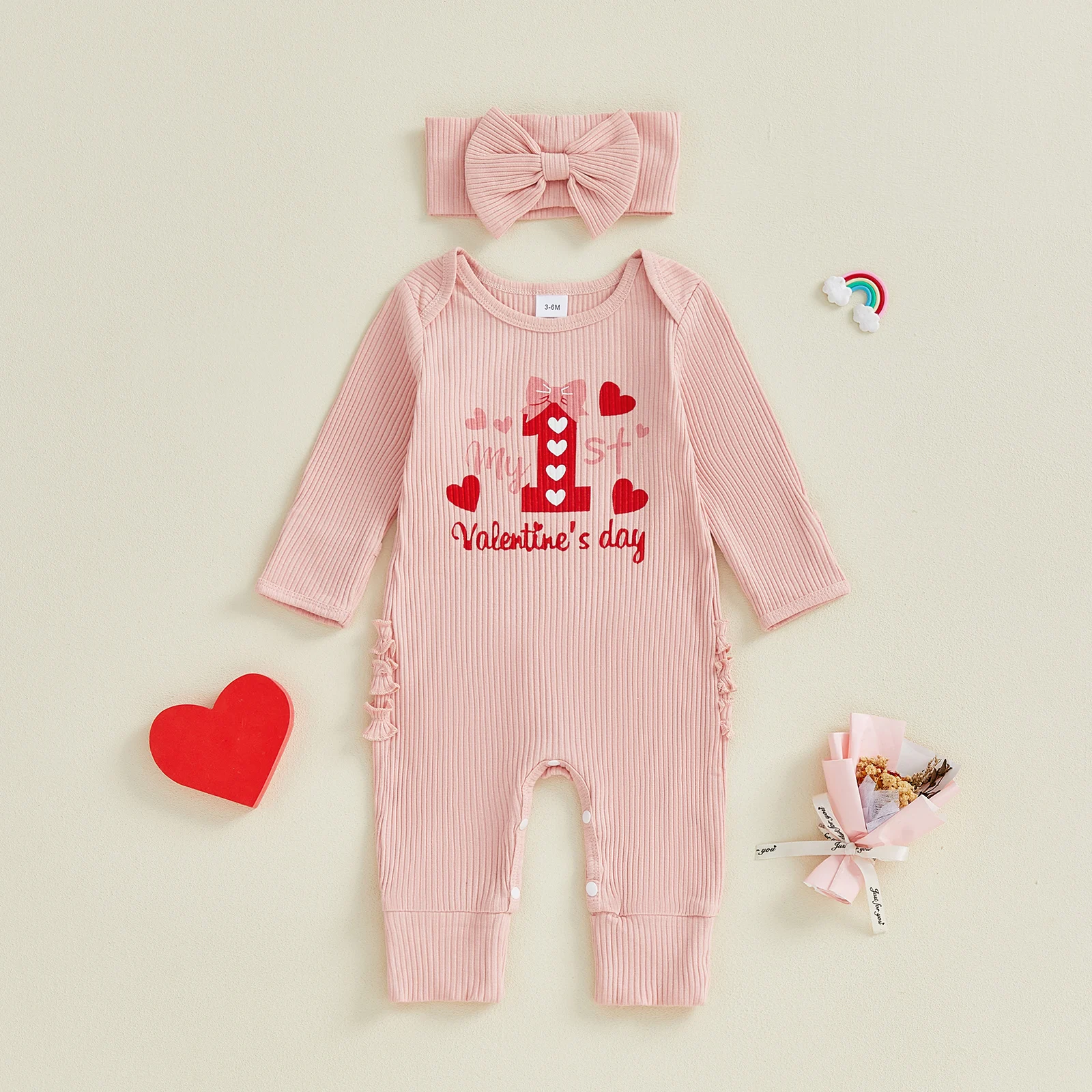 SUNSIOM Conjunto de trajes para el día de San Valentín para niña, mono de manga larga con estampado de corazón y diadema, ropa para recién nacido - imagen 4