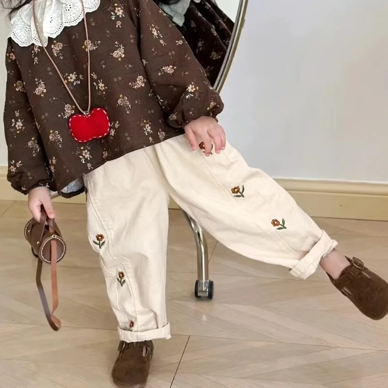 Pantalones de algodón con bordado de flores para niños - imagen 5