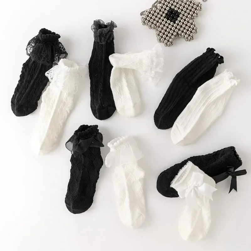 Calcetín de Color blanco y negro para niña, calcetín hasta la pantorrilla con volantes y agradable arco para niño pequeño, calcetines finos transpirables para primavera y verano, accesorios de ropa - imagen 2