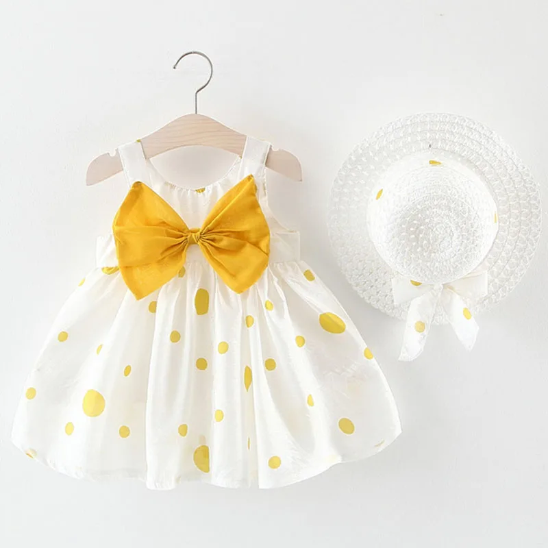 Ropa de verano para niñas recién nacidas, 2 piezas, moda coreana, vestidos de algodón sin mangas con puntos bonitos para bebés + sombrero para el sol, vestido de princesa para niños pequeños B204 - imagen 2