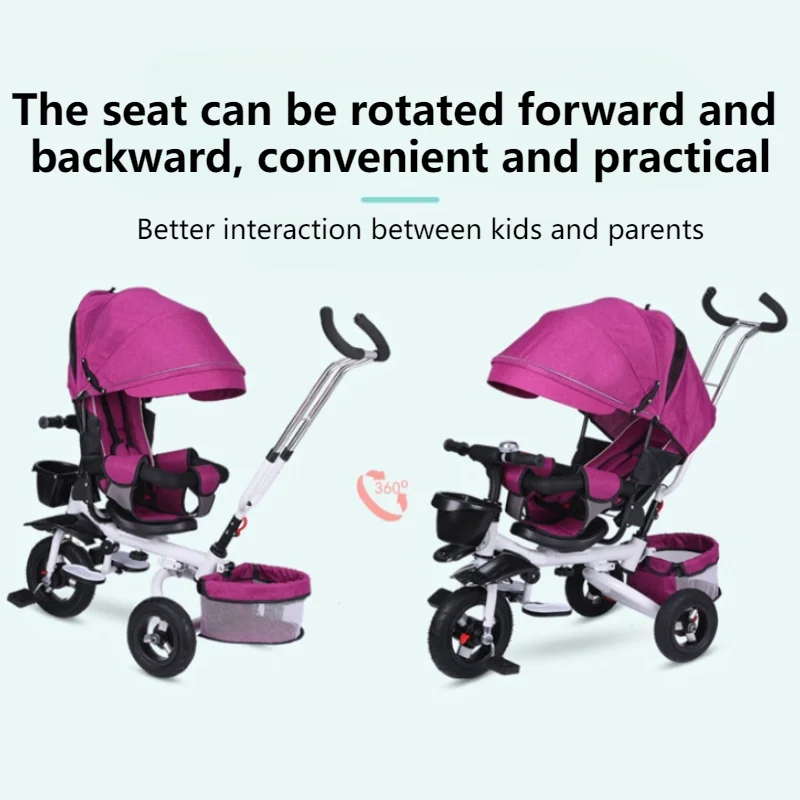 Triciclo plegable 4 en 1 para niños, cochecito para sentarse y tumbarse con dosel grande, triciclo con freno doble, respaldo ajustable de 3 velocidades, portátil - imagen 4