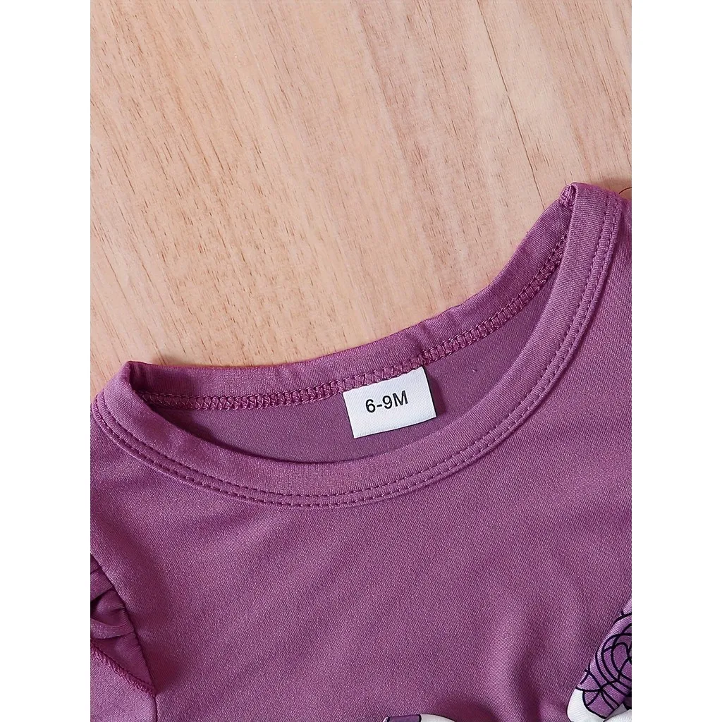 Conjunto de ropa de 3 uds para niña de 0 a 3 años, Top morado de manga corta, pantalones florales y diadema, trajes diarios de verano a la moda para niño niña - imagen 2