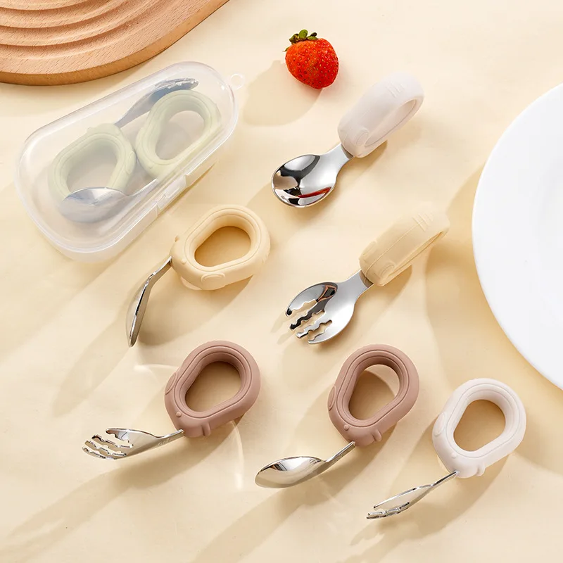 Mango de silicona de acero inoxidable 304, tenedor de entrenamiento para niños y cuchara, leamning para comer, cuchara creativa para codo, complementar para bebés