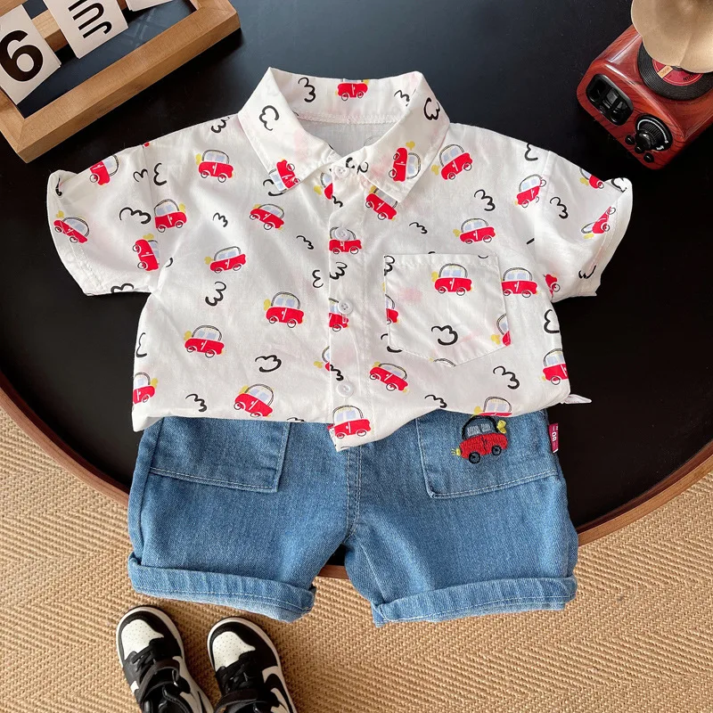 Conjuntos de 2 piezas de ropa de Boutique para niño, moda coreana, Tops informales de manga corta con dibujos animados para bebé + Pantalones cortos vaqueros, ropa para niño B014 - imagen 3