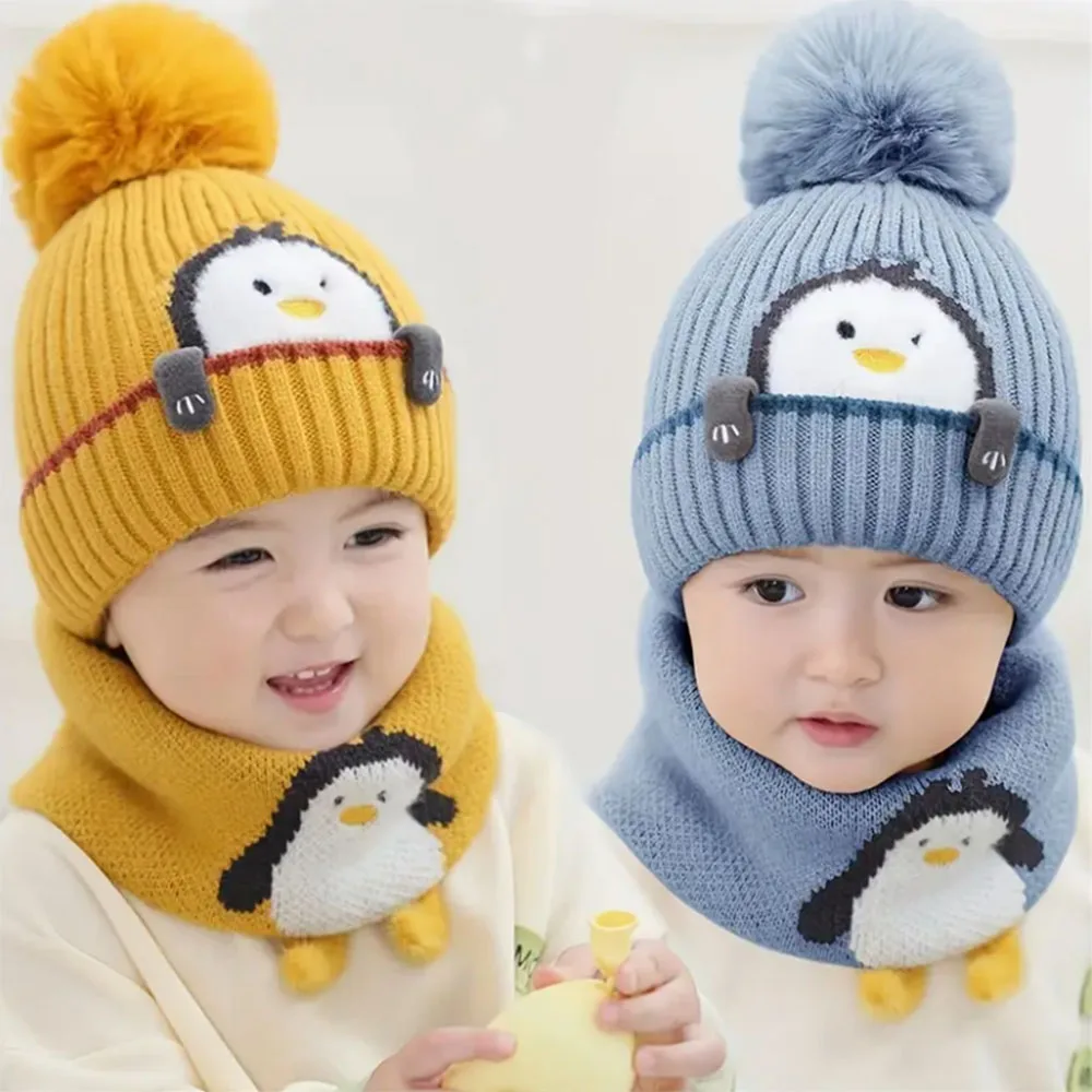 Gorro cálido de invierno para niños con orejeras, tela de punto con diseño de pingüino lindo, ligero, patrón de animales de dibujos animados, cierre de palanca
