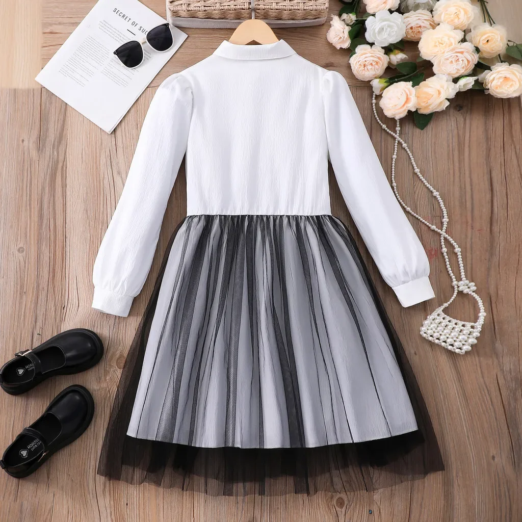 Vestido blanco y negro para niñas, vestido asimétrico personalizado de manga larga para niños, vestidos casuales de moda para chicas de 8, 9, 10, 11 y 12 años - imagen 2