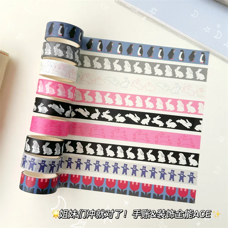 Rollo de pegatinas de Material decorativo para manual, cinta de papel Washi de pingüino y conejo coreano, 15mm x 3 M, suministros de oficina - imagen 3