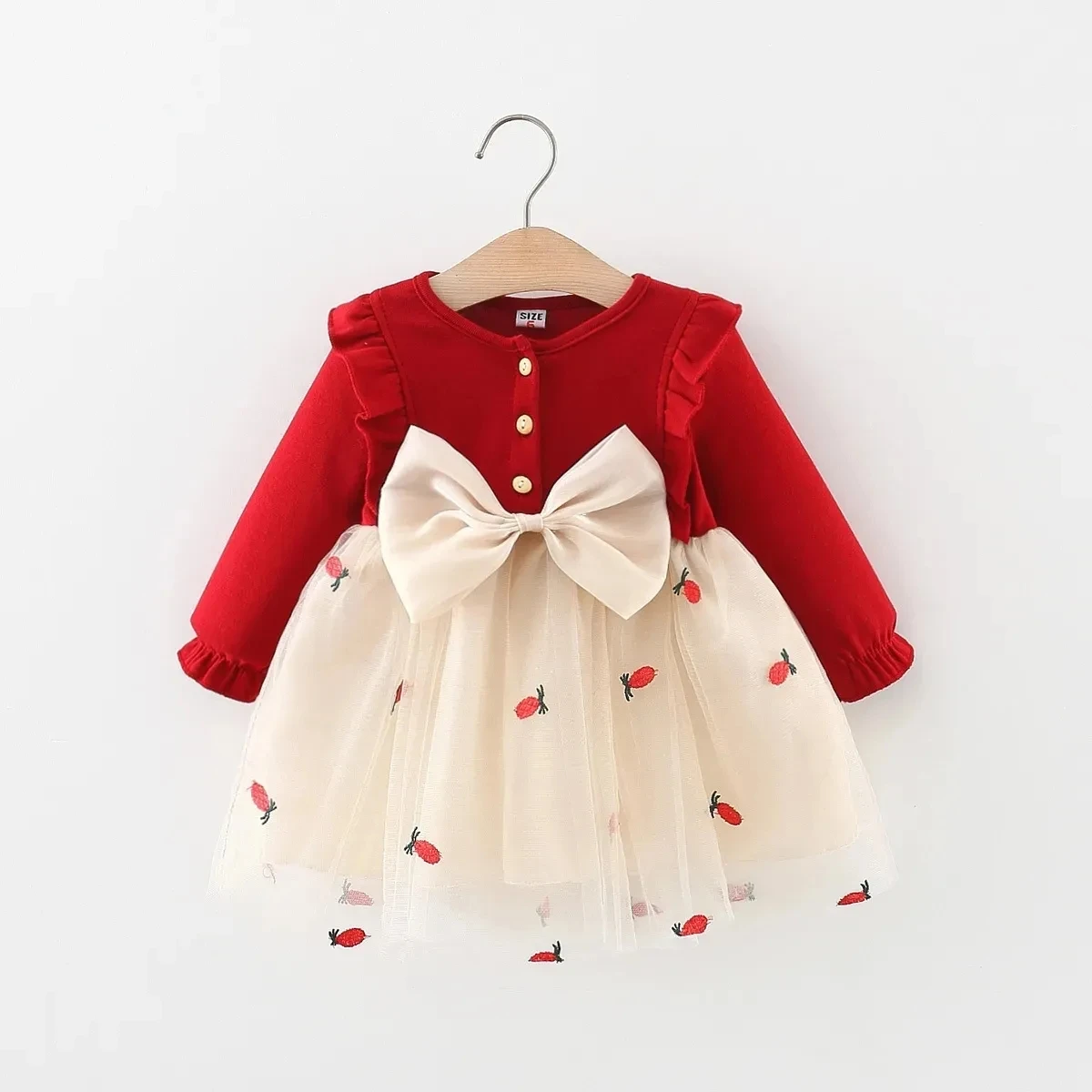 Vestido de princesa de estilo francés para primavera y otoño, vestido de cuello redondo para bebé, bonito vestido con estampado de fresa para niñas - imagen 3