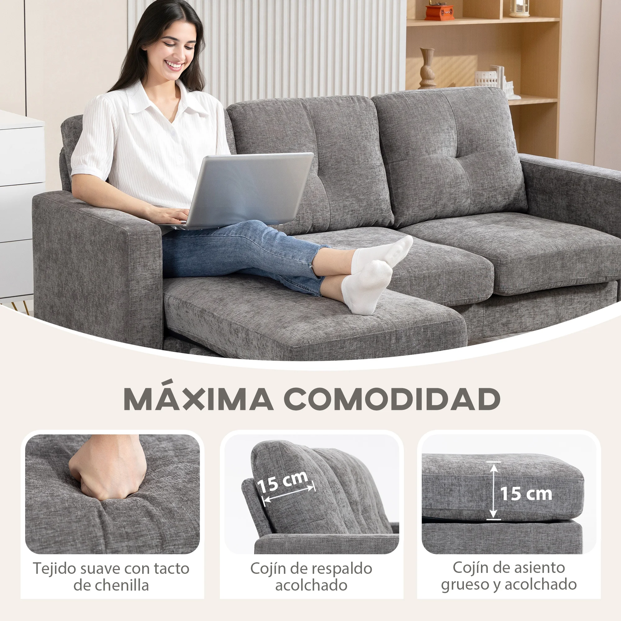 HOMCOM Sofá Chaise Longue Reversible, Sofá de 3 Plazas en Forma de L, Tapizado en Chenilla, Asiento y Respaldo Acolchados, Estructura de Acero, 186x130x84 cm, Gris Oscuro - imagen 4