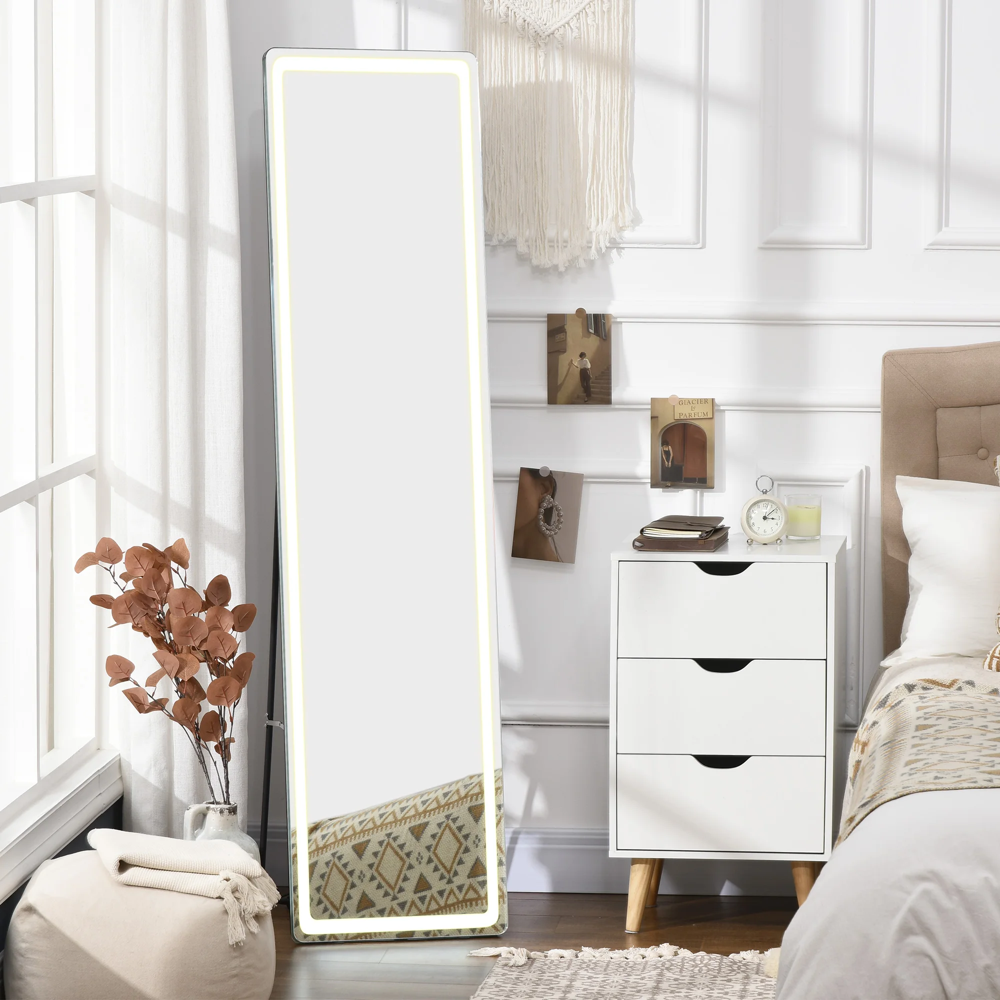 HOMCOM Espejo de Pared de Cuerpo Entero Espejo de Pie de Suelo con Luces LED Mando a Distancia 3 Colores de Luz Ajustable Brillo Ajustable y Marco de Aluminio 40x37x157,5 cm Plata y Negro