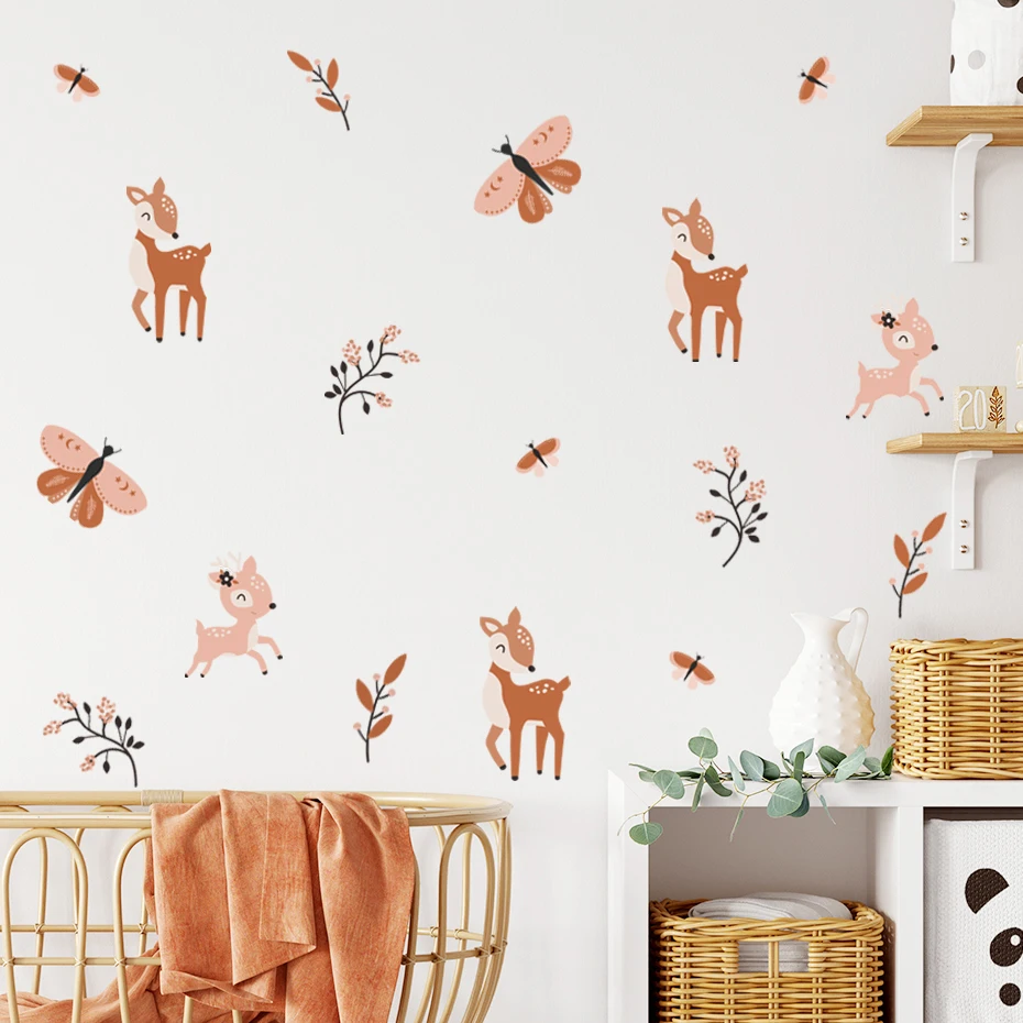 Vinilo decorativo bohemio ciervo Sika mariposas acuarela cuarto infantil - imagen 3