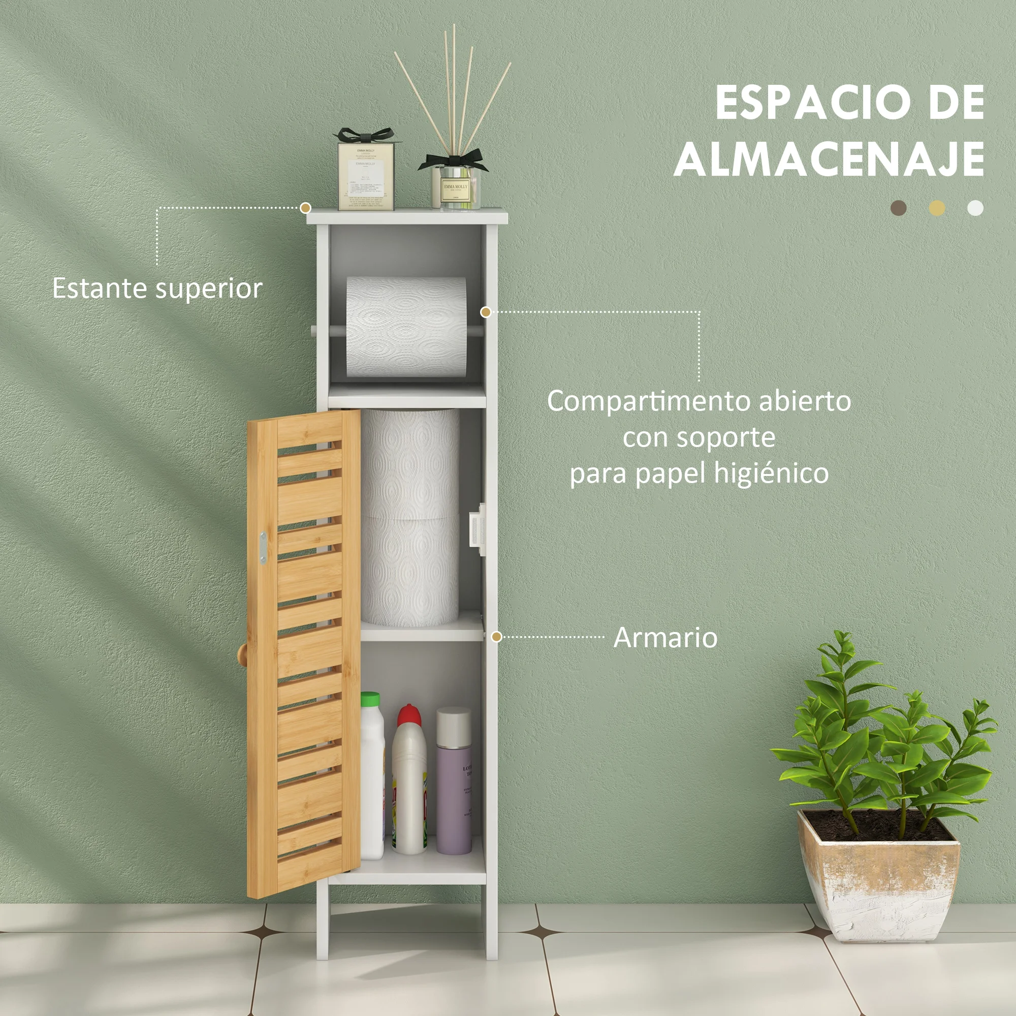 HOMCOM Columna de Baño Moderna Mueble Auxiliar de Baño con Portarrollos de Papel Estantes Ajustable y Puerta de Bambú Anti-vuelco 21x17x78 cm Blanco y Natural - imagen 3