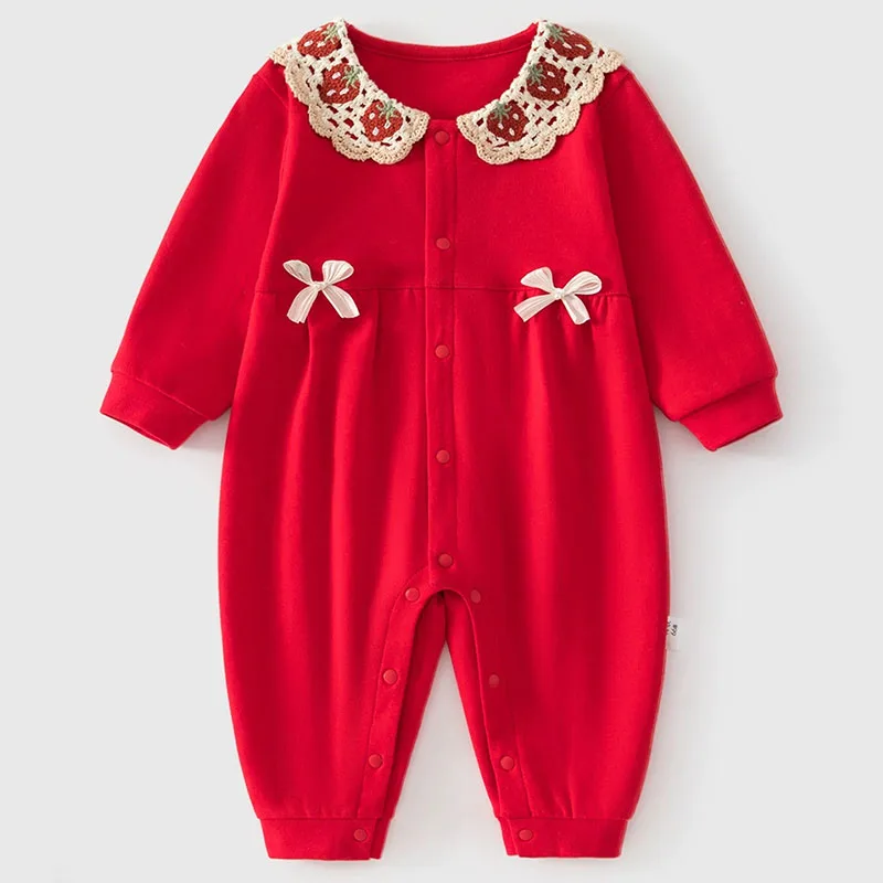Ropa de primavera y otoño para niña, monos de algodón de manga larga rojos con bonito lazo de fresa y cuello Peter Pan, artículos para recién nacidos B320 - imagen 2