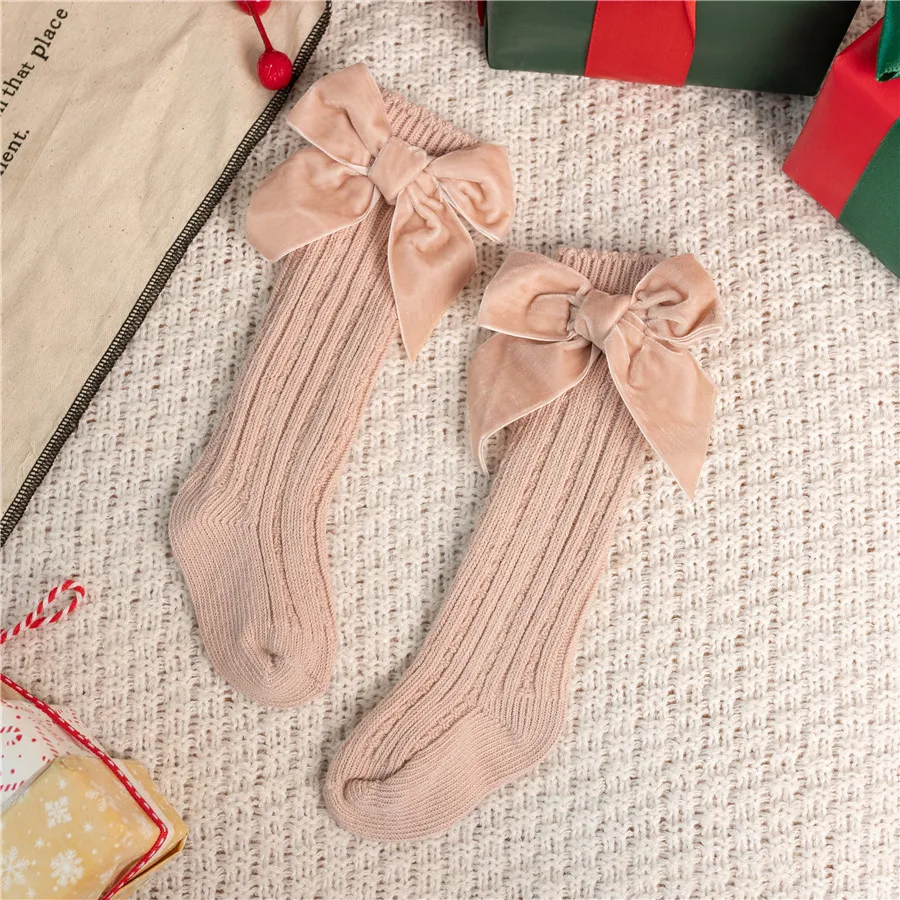 Primavera otoño, calcetines hasta la rodilla con lazo grande para niñas, calentadores de piernas sólidos de algodón para niños, calcetín largo de princesa para niños de 0 a 5 años - imagen 5
