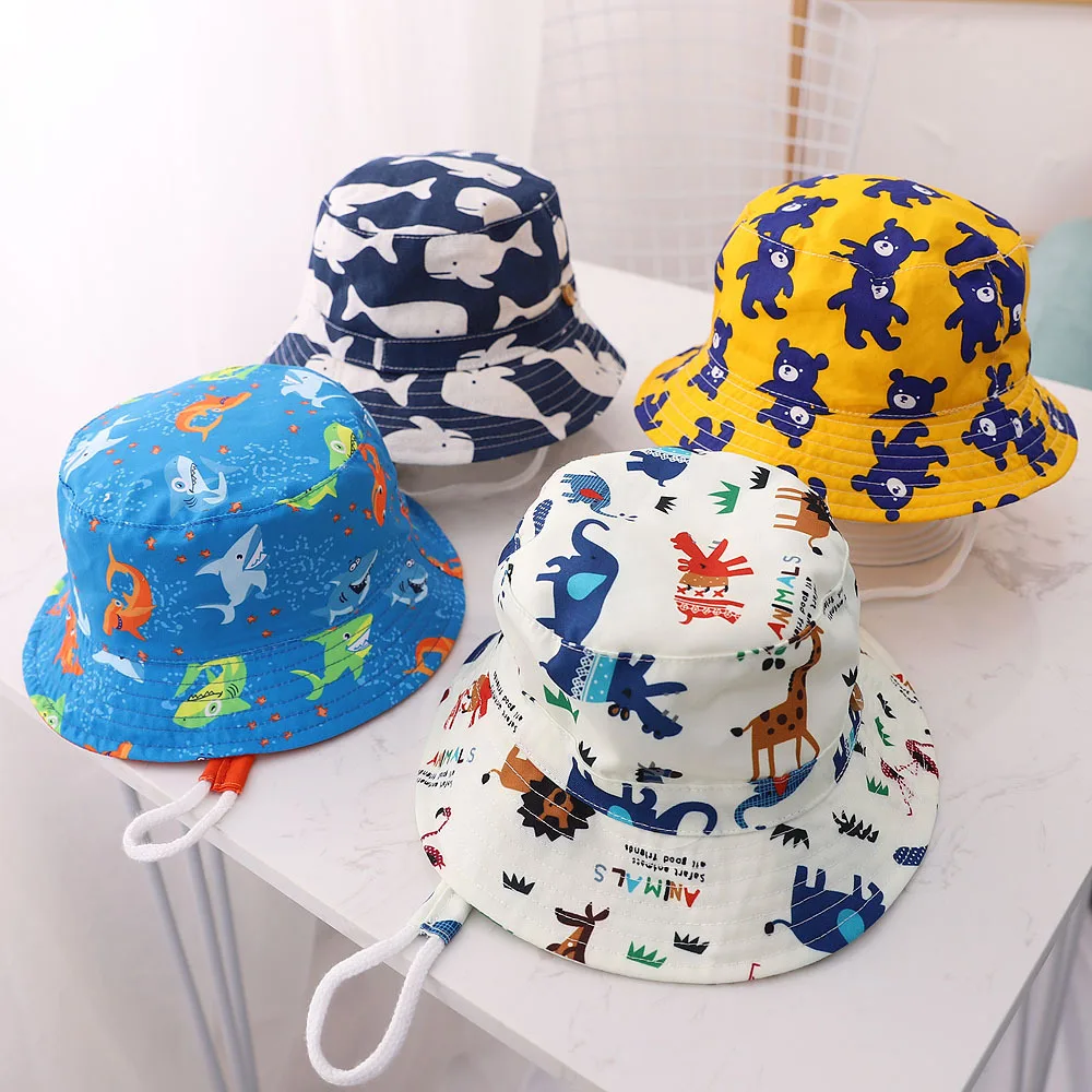 Primavera Verano lindo dibujos animados fino transpirable niños sombreros de cubo Unisex bebé sombreros para el sol con cuerda a prueba de viento para niños gorras al aire libre