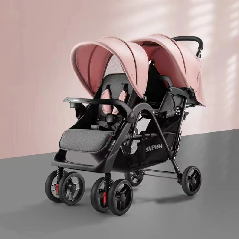 Cochecito de bebé de dos asientos para hermanos, cochecito reclinable ajustable con parte delantera trasera, cochecito de 4 ruedas con diseño compacto y plegable para todo tipo de clima - imagen 2