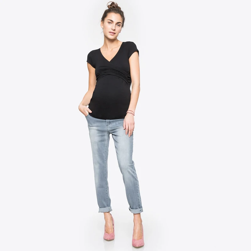 Camiseta para mujeres embarazadas, blusa de maternidad, pantalón corto informal para amamantar, Tops de manga a rayas, camisa de lactancia para embarazo - imagen 5