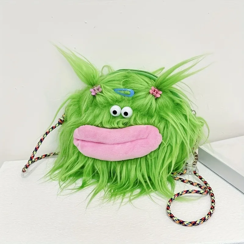 Bolso cruzado trenzado de pelo largo, muñeco feo y lindo con personalidad, juguete de peluche divertido, Mini bolso cruzado de felpa, bolso de hombro lindo - imagen 2