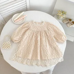 Vestidos de princesa de encaje de tul para niñas de estilo coreano: trajes para hermanos bordados de manga larga, ropa para niños esponjosa y agradable para la piel