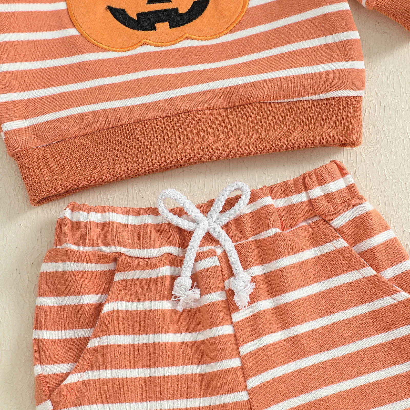 Conjuntos de Halloween para niños pequeños de 0 a 3 años, sudaderas con bordado de calabaza a rayas y pantalones largos, conjunto de ropa de otoño de 2 piezas - imagen 5