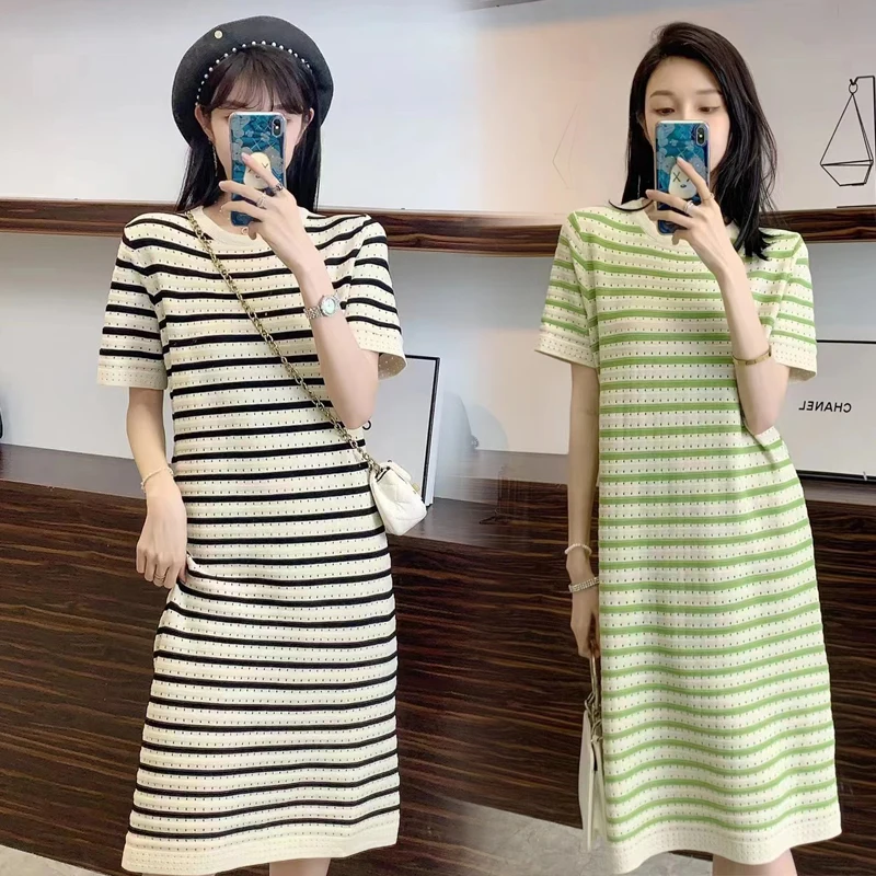 Vestido premamá tejido acanalado cuello cuadrado manga corta elegante - imagen 5