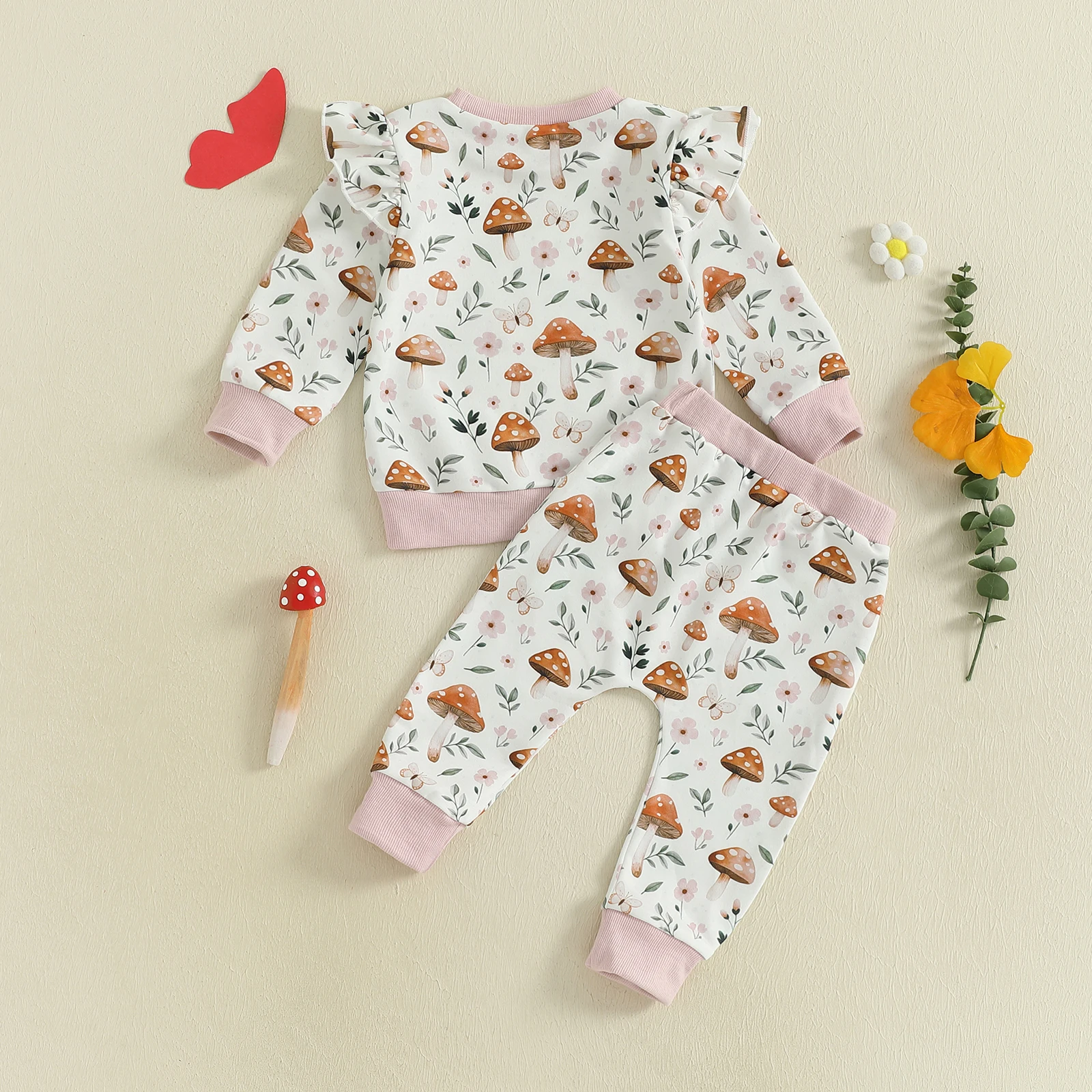 Conjunto de 2 piezas de trajes de otoño para niña, sudadera con estampado floral de setas de manga larga y pantalones de cintura elástica, ropa para niños pequeños - imagen 2