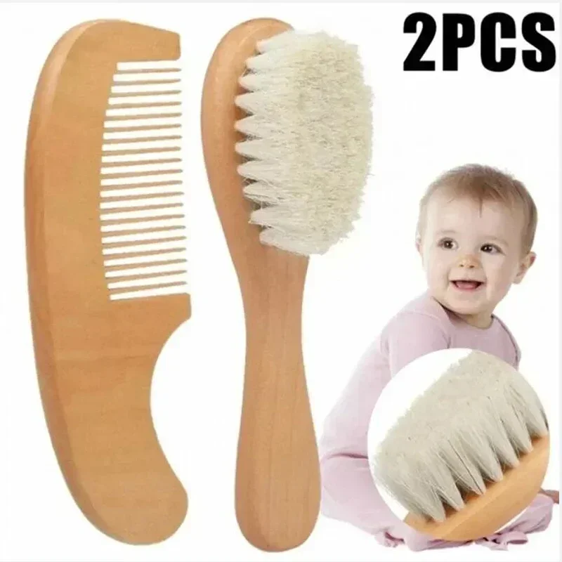 2 uds cepillo de madera de lana para bebé recién nacido peine cepillo de pelo para recién nacido masajeador de cabeza infantil peine portátil cepillo de baño para el cabello peine - imagen 2