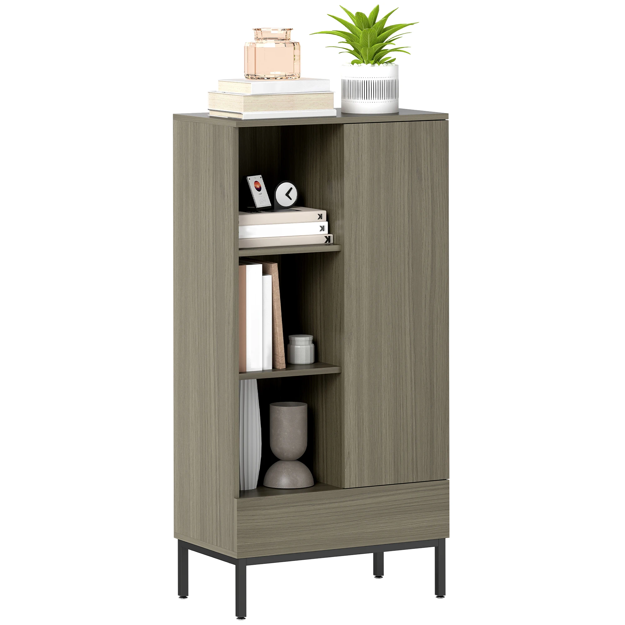HOMCOM Aparador 1 Puerta Aparador para Salón Moderno con Cajón Estante Ajustable y 3 Compartimentos Abiertos para Comedor Entrada Dormitorio 60x34x121 cm Natural - imagen 3