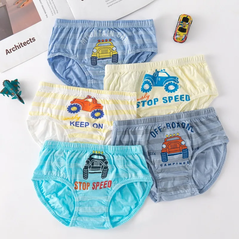 5 unids/lote de ropa interior de algodón para niños, calzoncillos para niños, patrón de vehículos todoterreno, calzoncillos triangulares para niños, ajuste cómodo 3-13T - imagen 2