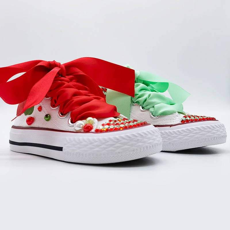Zapatos de lona con temática roja y verde para niños, zapatillas ostentosas hechas a mano para niñas, regalo de cumpleaños - imagen 4