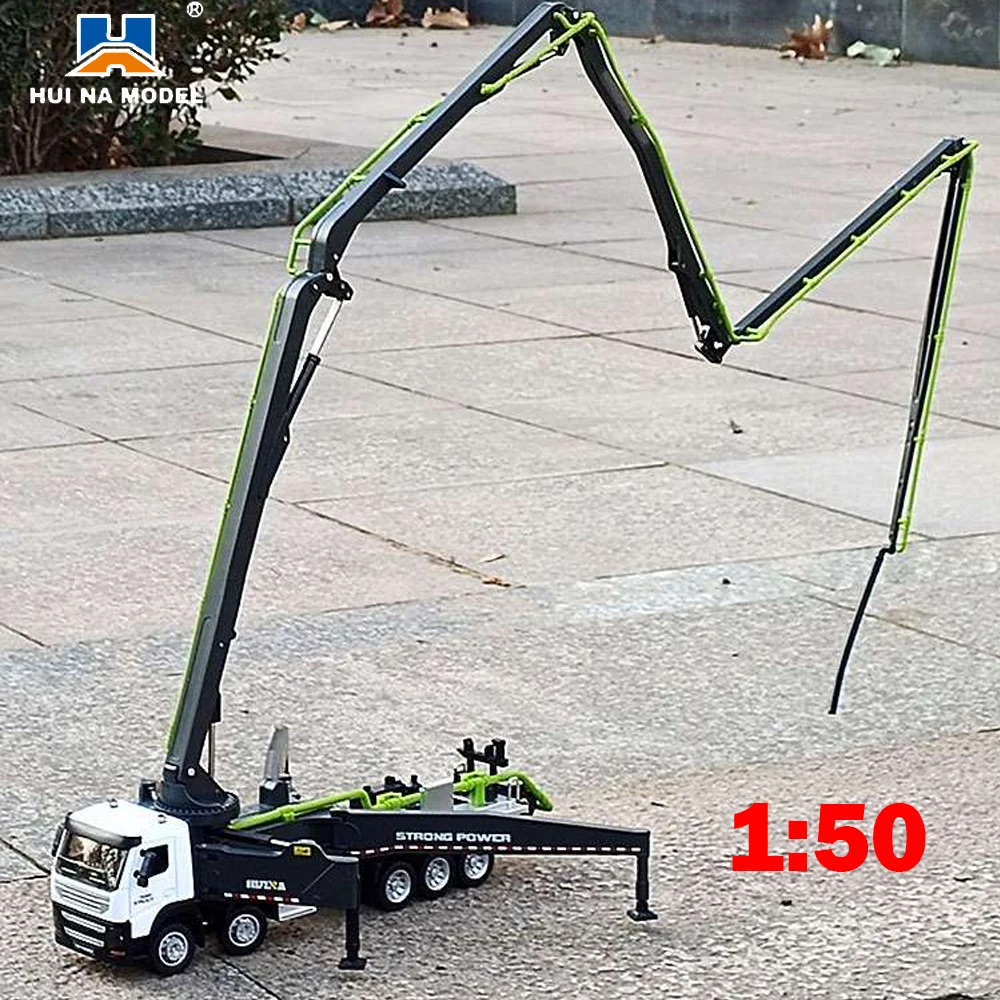 Huina-modelo 1:50 de aleación de Metal fundido a presión, bomba de hormigón, camión de juguete, grúa mezcladora, Simulación, Ingeniería de construcción, caja Original