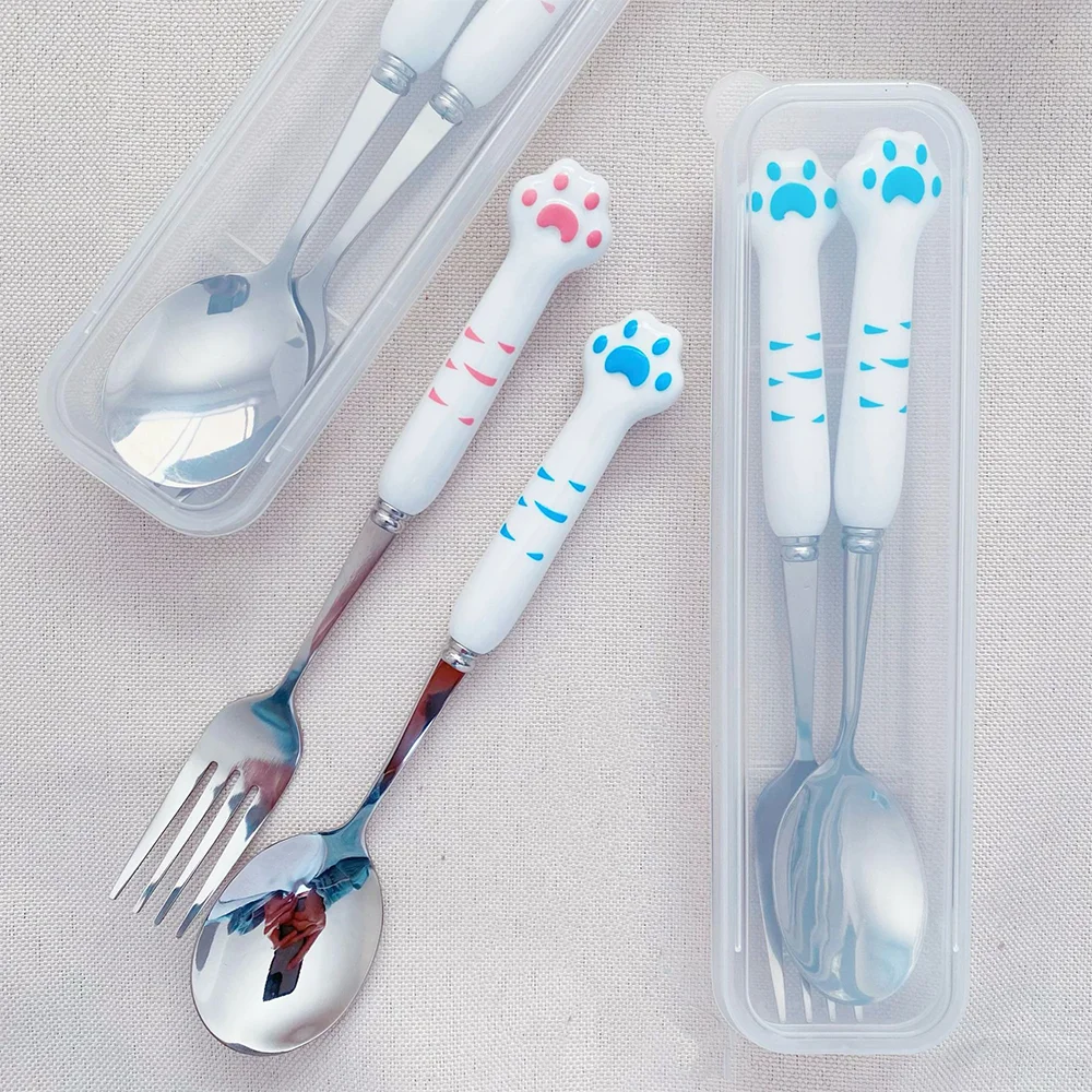 Juego de cuchara y tenedor de acero inoxidable con caja de almacenamiento, vajilla portátil con forma de pata de gato, Kit de vajilla para la escuela para adultos y niños - imagen 5