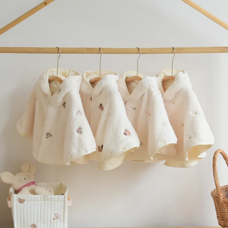 Capa para niños INS con capucha, capa de lana Coral, nuevo Poncho para bebé con bordado, chal cálido a prueba de viento, ropa de abrigo para niño niña - imagen 3