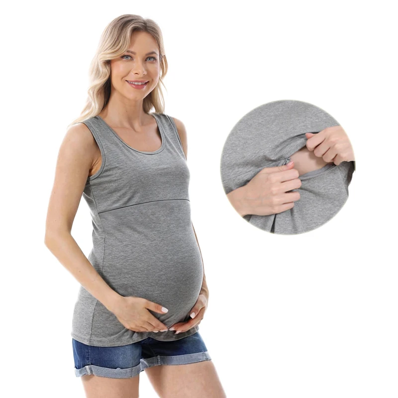 Camiseta de talla grande para embarazo, camisetas sin mangas de maternidad de verano para mujeres embarazadas, camisola de lactancia sólida sin mangas para mujeres posparto - imagen 3