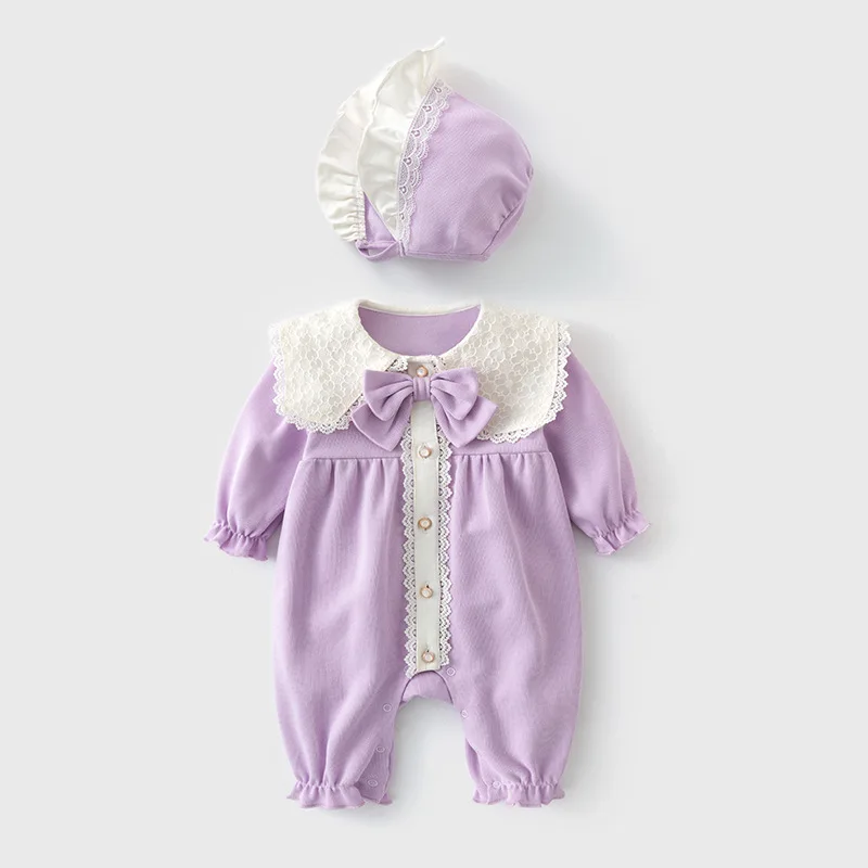 Primavera otoño bebé niña mameluco coreano lindo muñeca Collar arco algodón manga larga monos + sombrero artículos para recién nacidos ropa para niños pequeños BC757 - imagen 2