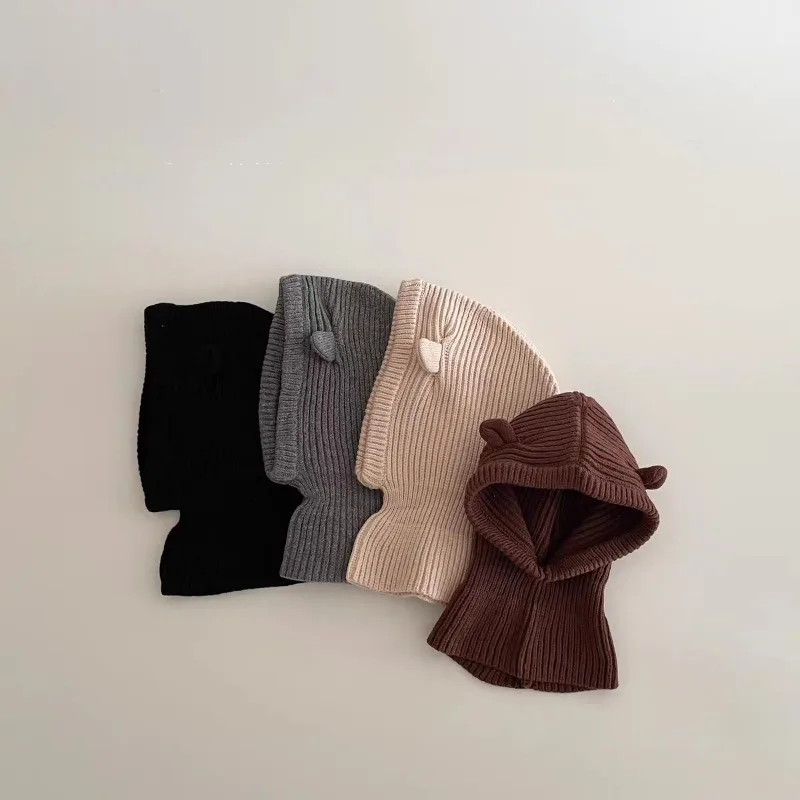 Gorro de pasamontañas coreano para niños, gorro con solapa para las orejas de invierno con bufanda, capucha, bonito diseño de orejas de Animal, gorro tejido para bebés, conjunto calentador de cuello cálido - imagen 4