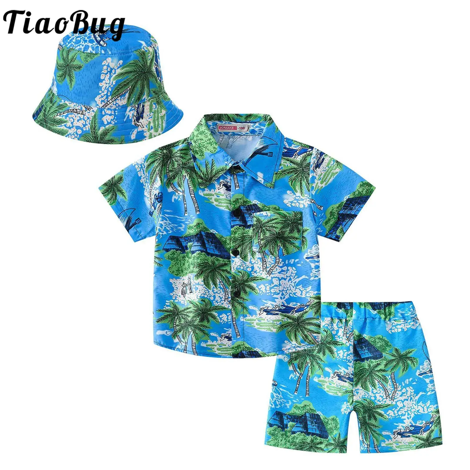 Traje hawaiano infantil con camisa pantalón y sombrero de playa